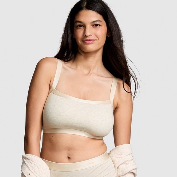 NWT PINK Victoria’s Secret Logo Cotton Straight Neck Bralette. Natural Heather. - Picture 1 of 12